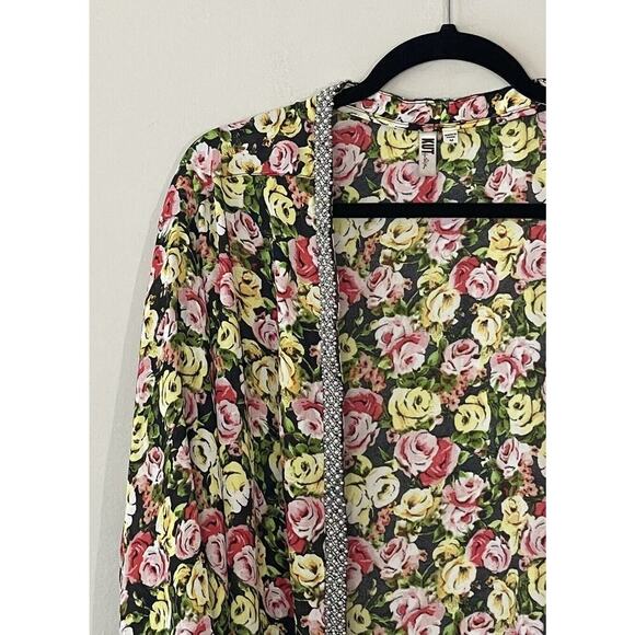 Kut From The Kloth Medium Embellished Faux Pearl Floral Print Wrap Top Sheer - Picture 2 of 8